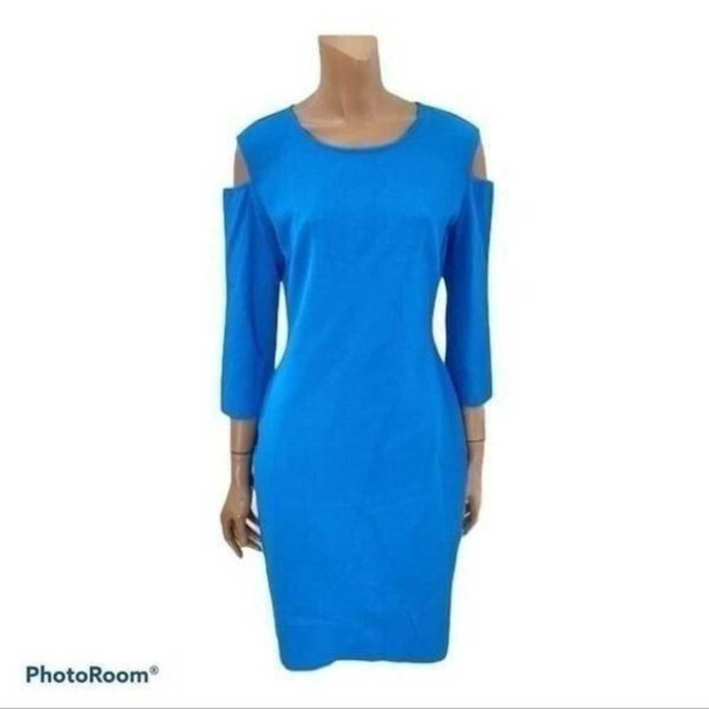 St. John Blue 3/4 Sleeve Cutout Shoulder Dress 10 - image 1