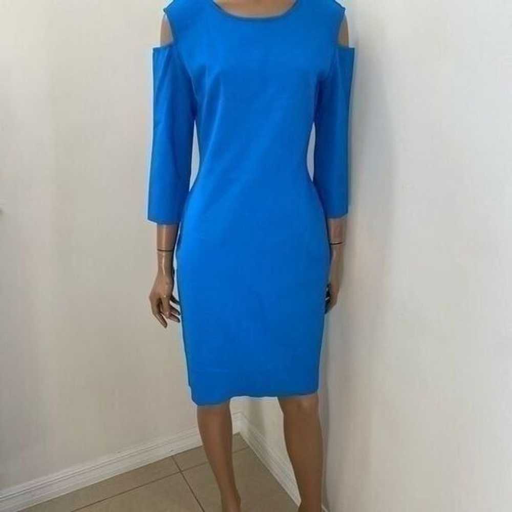 St. John Blue 3/4 Sleeve Cutout Shoulder Dress 10 - image 8