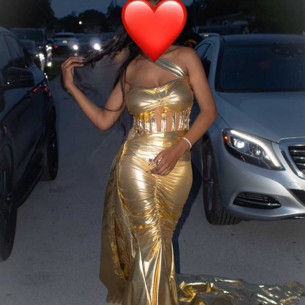 Prom/Ball gown custom made gold metallic dress - image 1