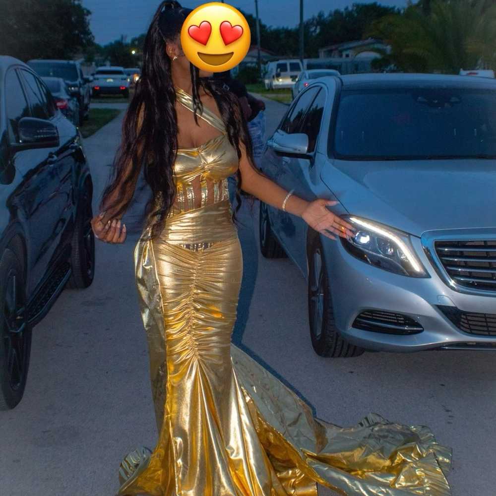 Prom/Ball gown custom made gold metallic dress - image 2