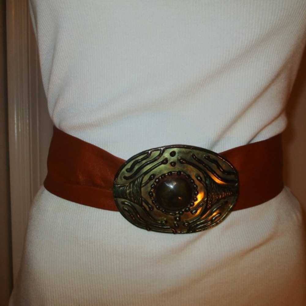 vintage leather belt with brass buckle - image 3