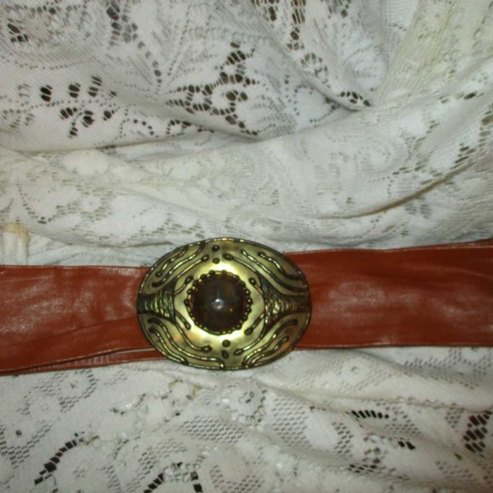 vintage leather belt with brass buckle - image 6