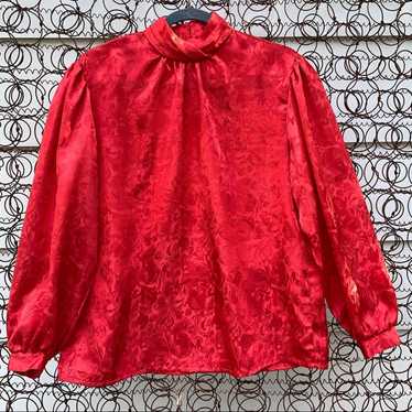 Vintage Vintage red shiny floral long sleeve blou… - image 1