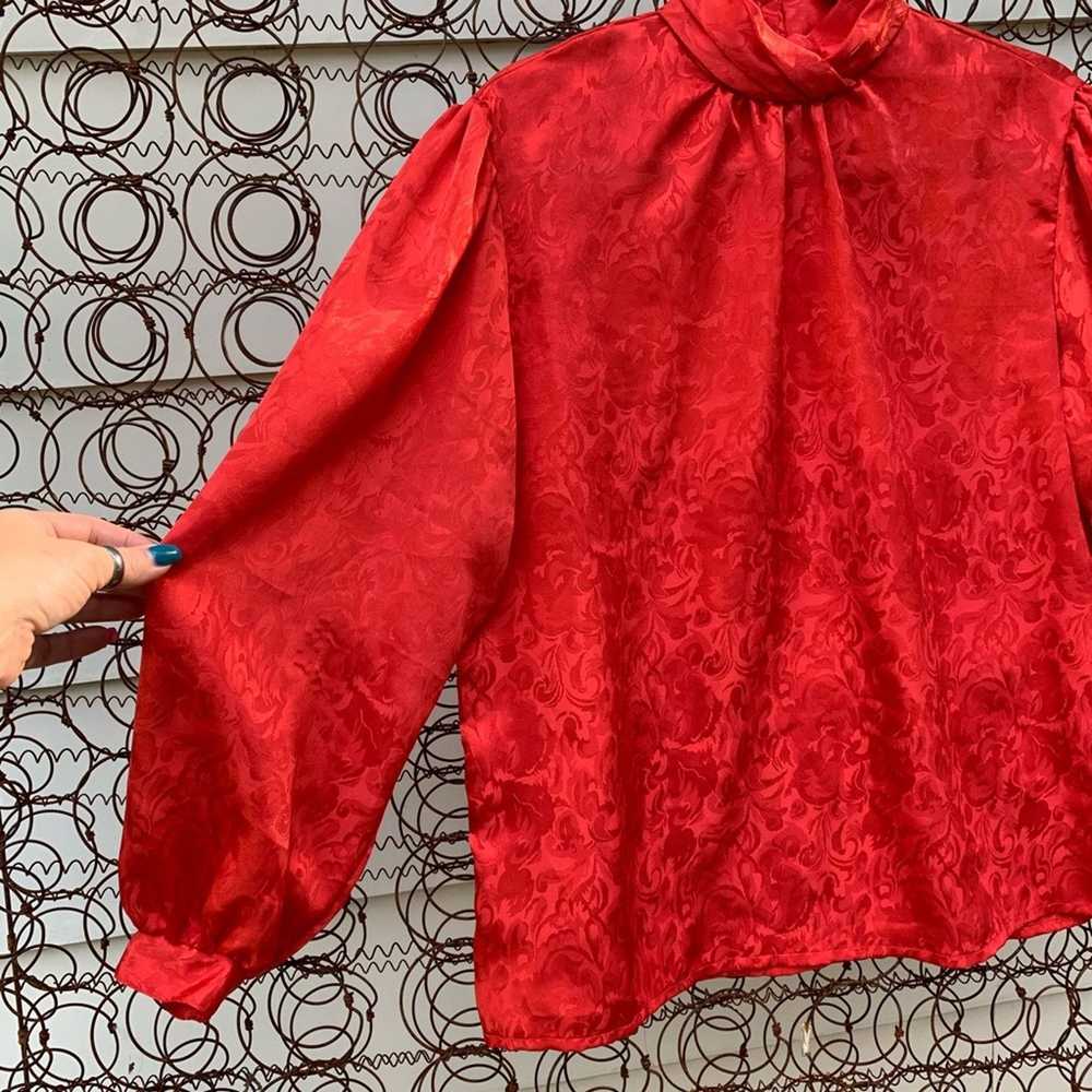 Vintage Vintage red shiny floral long sleeve blou… - image 2