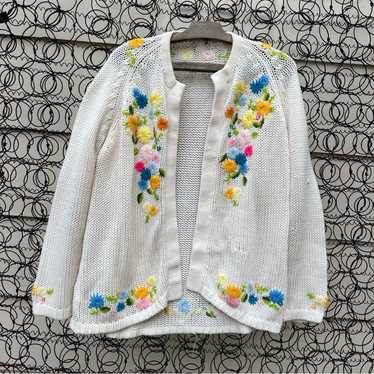 Vintage cream knit open front cardigan sweater emb