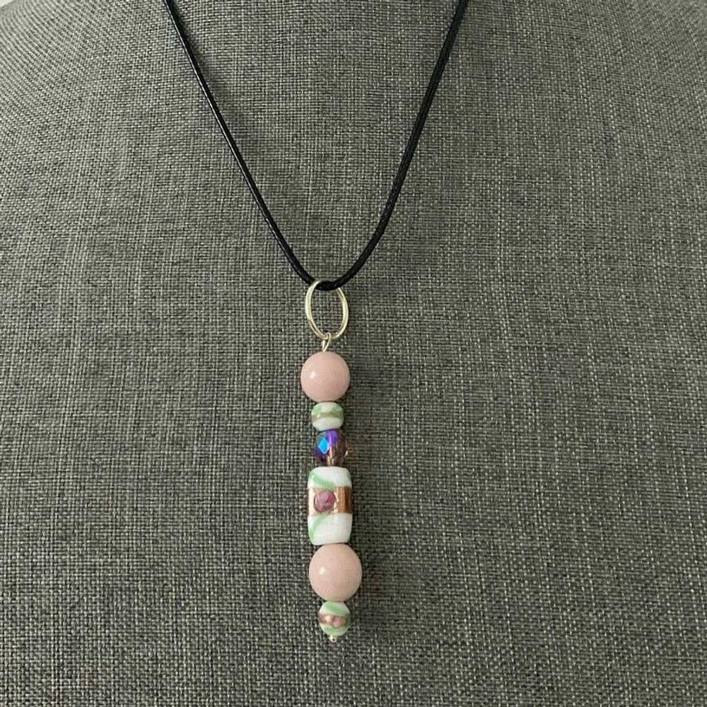 Handmade Pink white and green ceramic bead pendan… - image 1