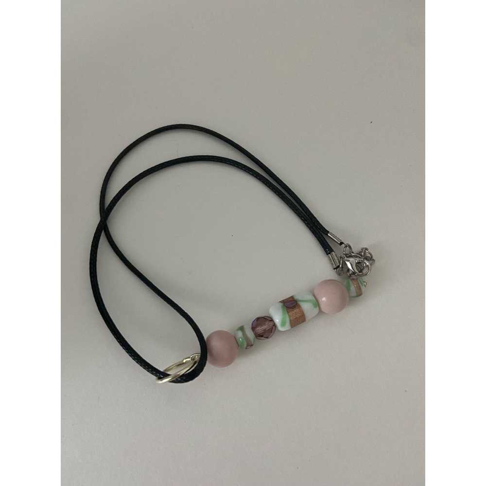 Handmade Pink white and green ceramic bead pendan… - image 4