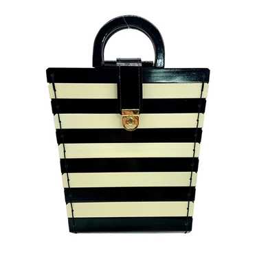 Adriana Jimenez White & Black Striped Wood Satche… - image 1