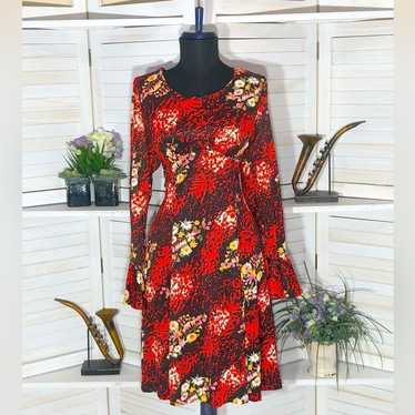 Vintage 70s boho mod floral red black midi dress … - image 1