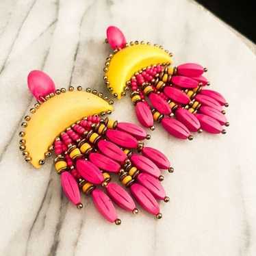 Vintage Boho Wood Beaded Vintage Earrings Pink Ye… - image 1