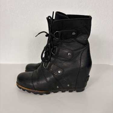 Sorel Black Leather Lace Up Mid Calf Wedge Bootie… - image 1