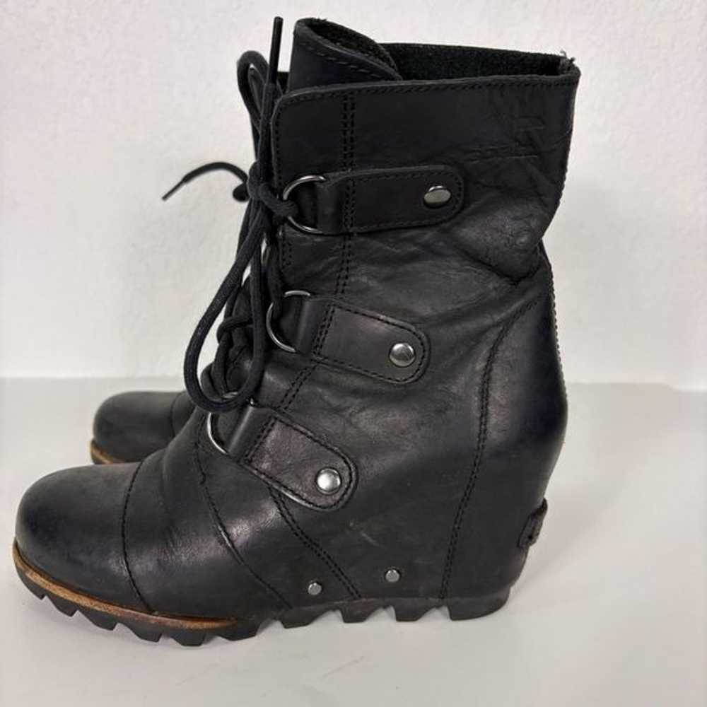 Sorel Black Leather Lace Up Mid Calf Wedge Bootie… - image 2