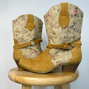 Santa Fe Co Tan Cream Floral Suede Leather Wester… - image 1