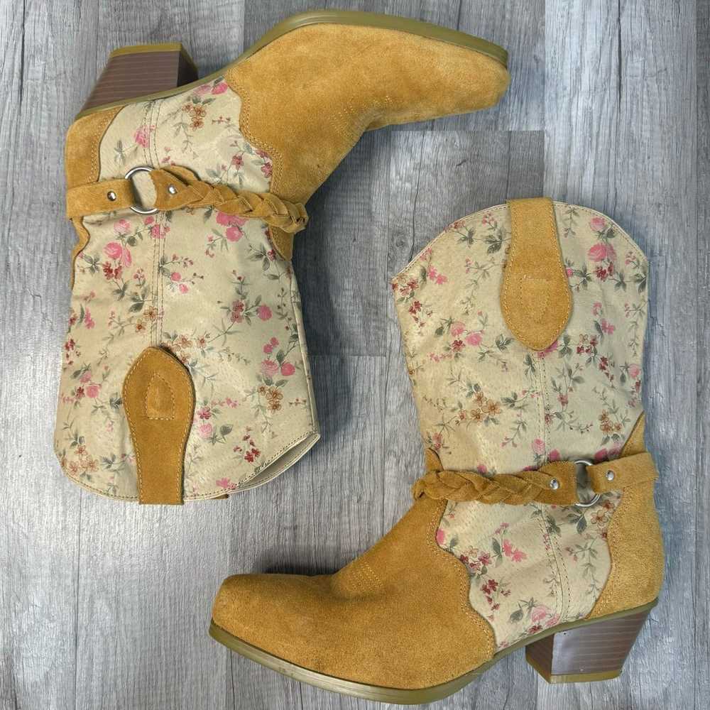 Santa Fe Co Tan Cream Floral Suede Leather Wester… - image 2