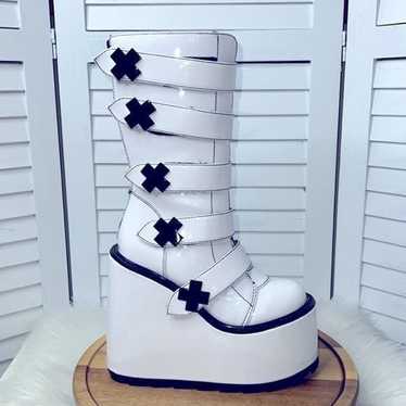 YRU White Patent Dune Strapped Platform Boots DOLL