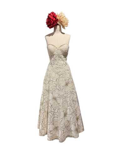 1950s Floral Embroidered Strapless Gown