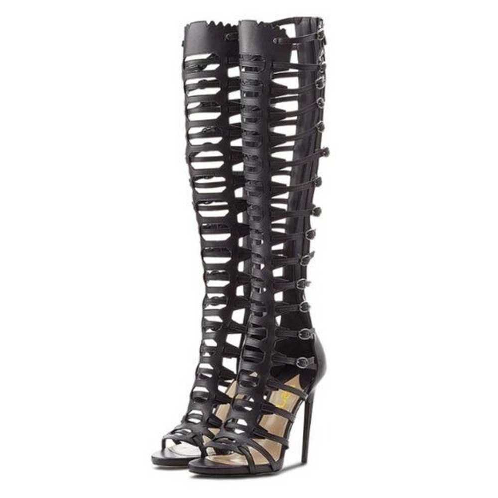 FSJ Black Hollow Out Stiletto Heels Strappy Knee … - image 1