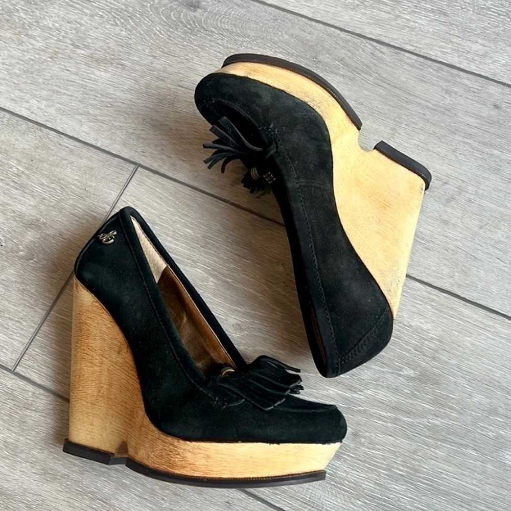 SAM Edelman Black Suede Wooden Wedge Tassel Mocca… - image 1