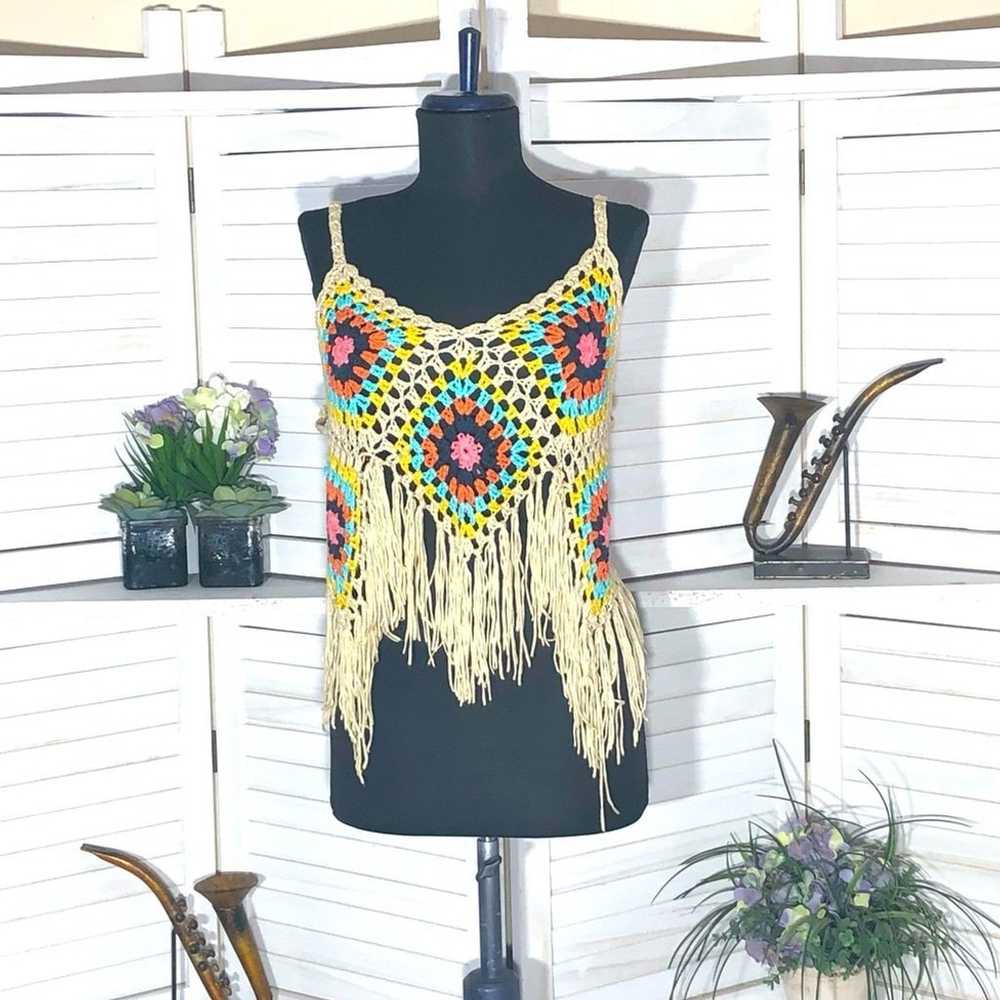 Vintage Y2K crocheted top boho fringes cream oran… - image 1