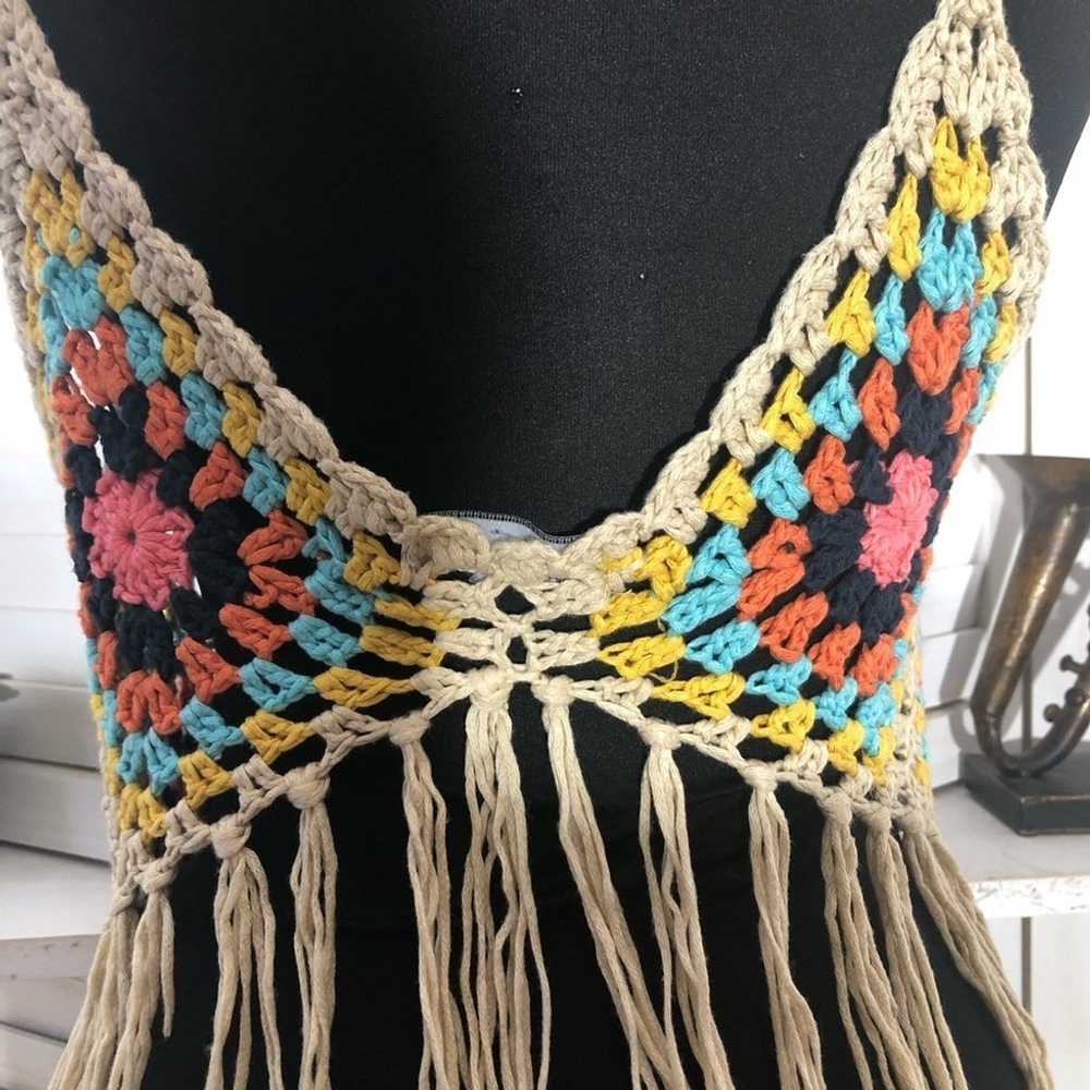 Vintage Y2K crocheted top boho fringes cream oran… - image 5