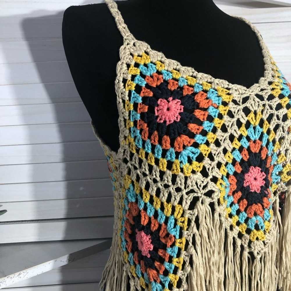 Vintage Y2K crocheted top boho fringes cream oran… - image 9