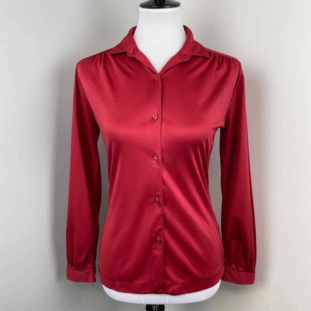 Vintage 70s Red Polyester Button Down Blouse Small - image 1