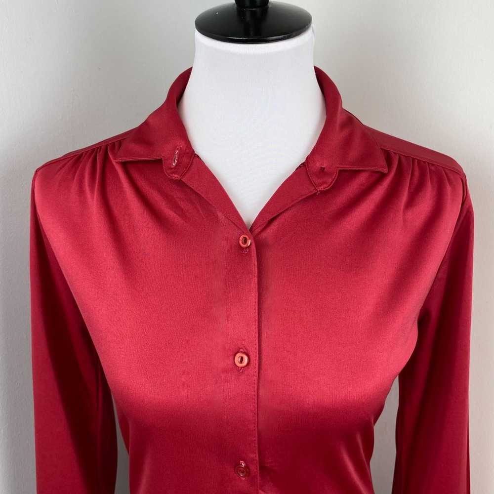 Vintage 70s Red Polyester Button Down Blouse Small - image 2