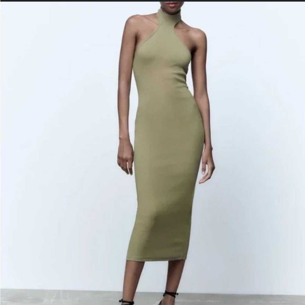 Zara Cotton Olive Green Halter High Neck Midi Bod… - image 1