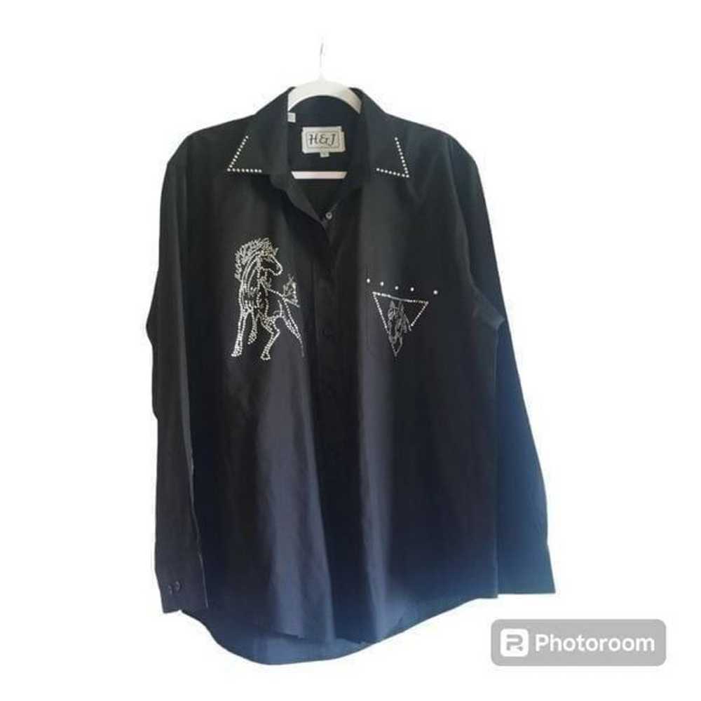 H&J Western Rhinestone Horse Black Long Sleeve Sh… - image 1