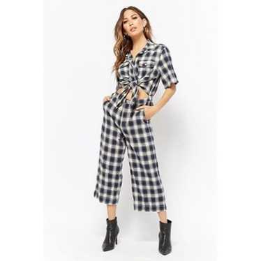 POL Plaid Tie-Front Jumpsuit Button Up Navy White… - image 1