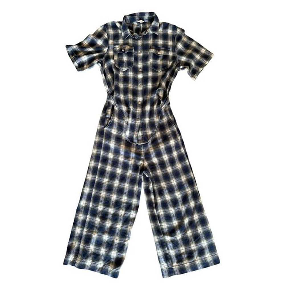 POL Plaid Tie-Front Jumpsuit Button Up Navy White… - image 2