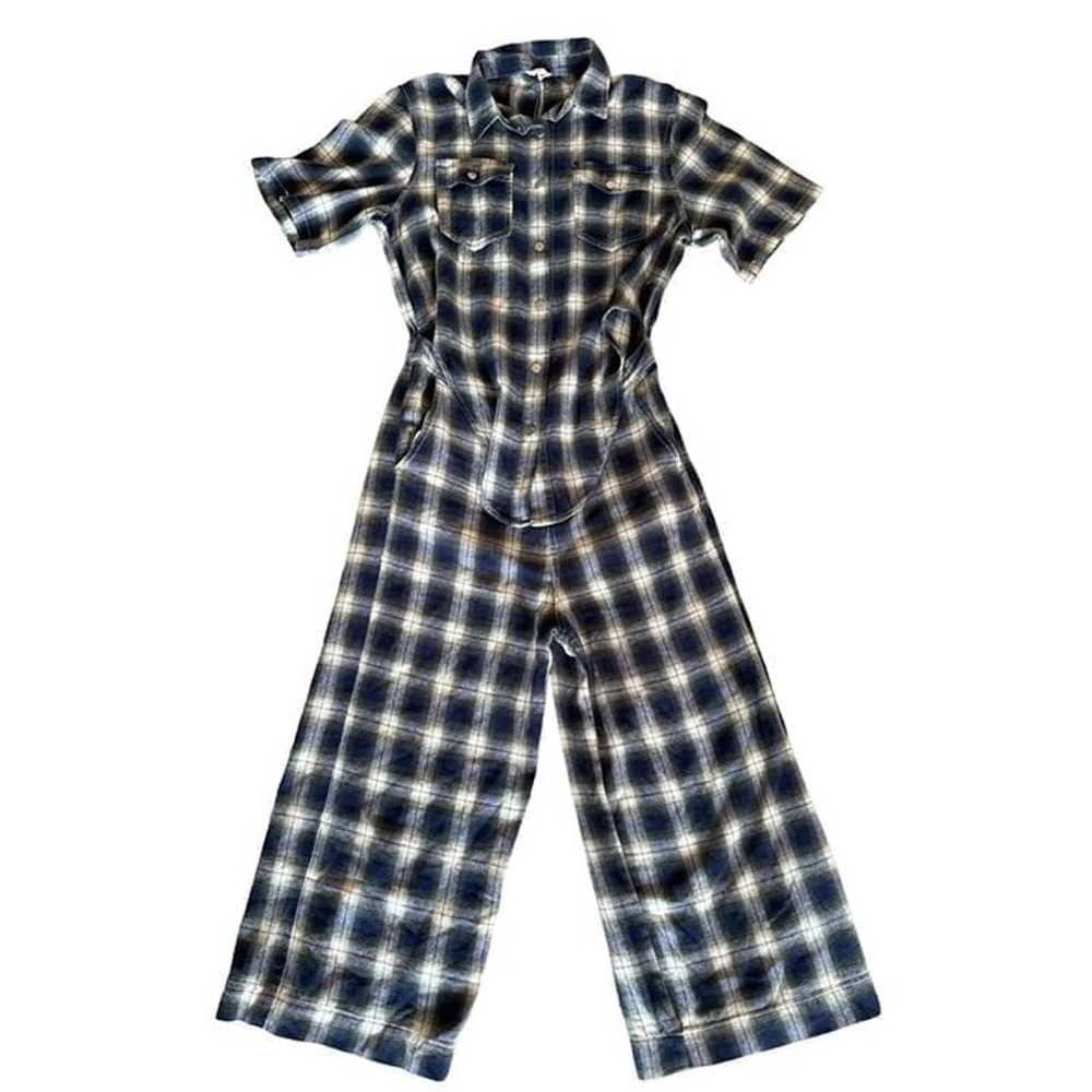 POL Plaid Tie-Front Jumpsuit Button Up Navy White… - image 4