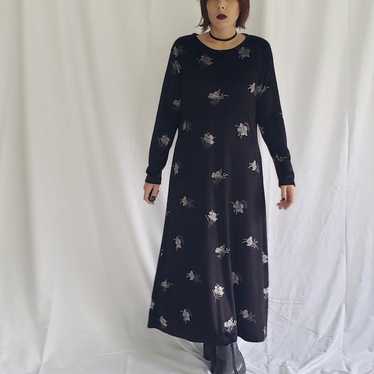 90s Black Velvet Floral Maxi Dress