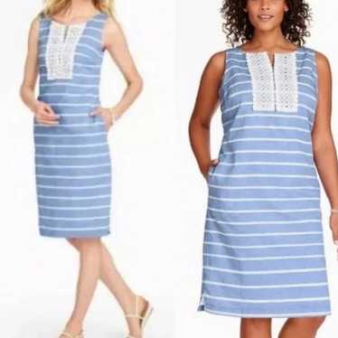 Talbots Light Blue White Striped Crochet Split Ne… - image 1