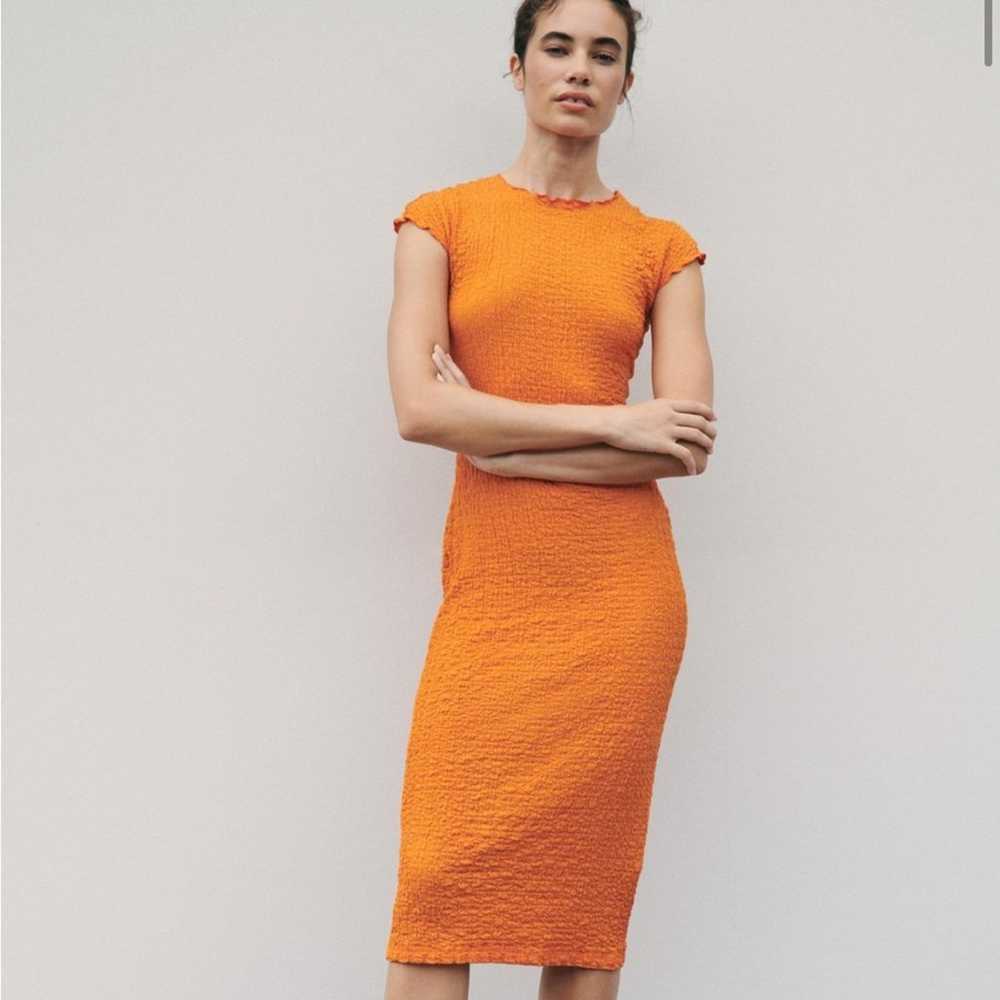 Zara orange ruched midi dress medium - image 11