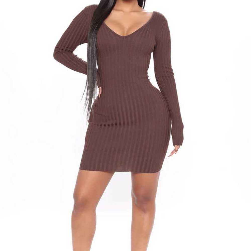 Brown Ribbed Knit Off-Shoulder Mini Dress Knit Dr… - image 2