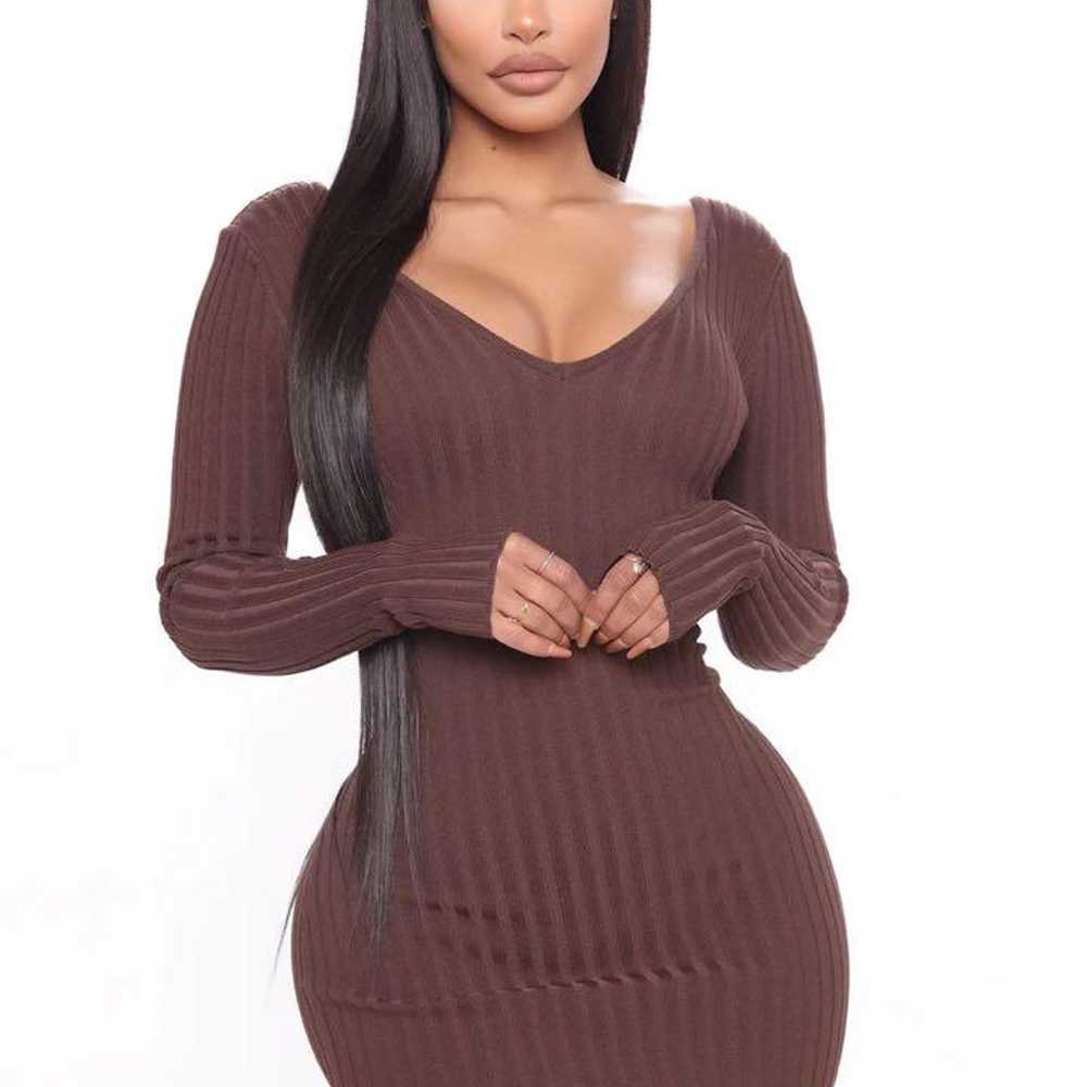 Brown Ribbed Knit Off-Shoulder Mini Dress Knit Dr… - image 3