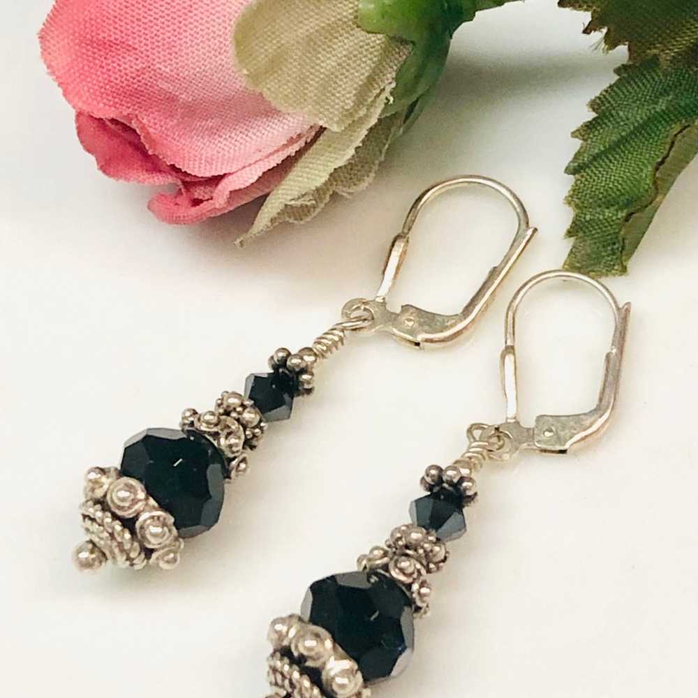 Vintage Ornate Sterling Silver Jet Black Crystals… - image 1