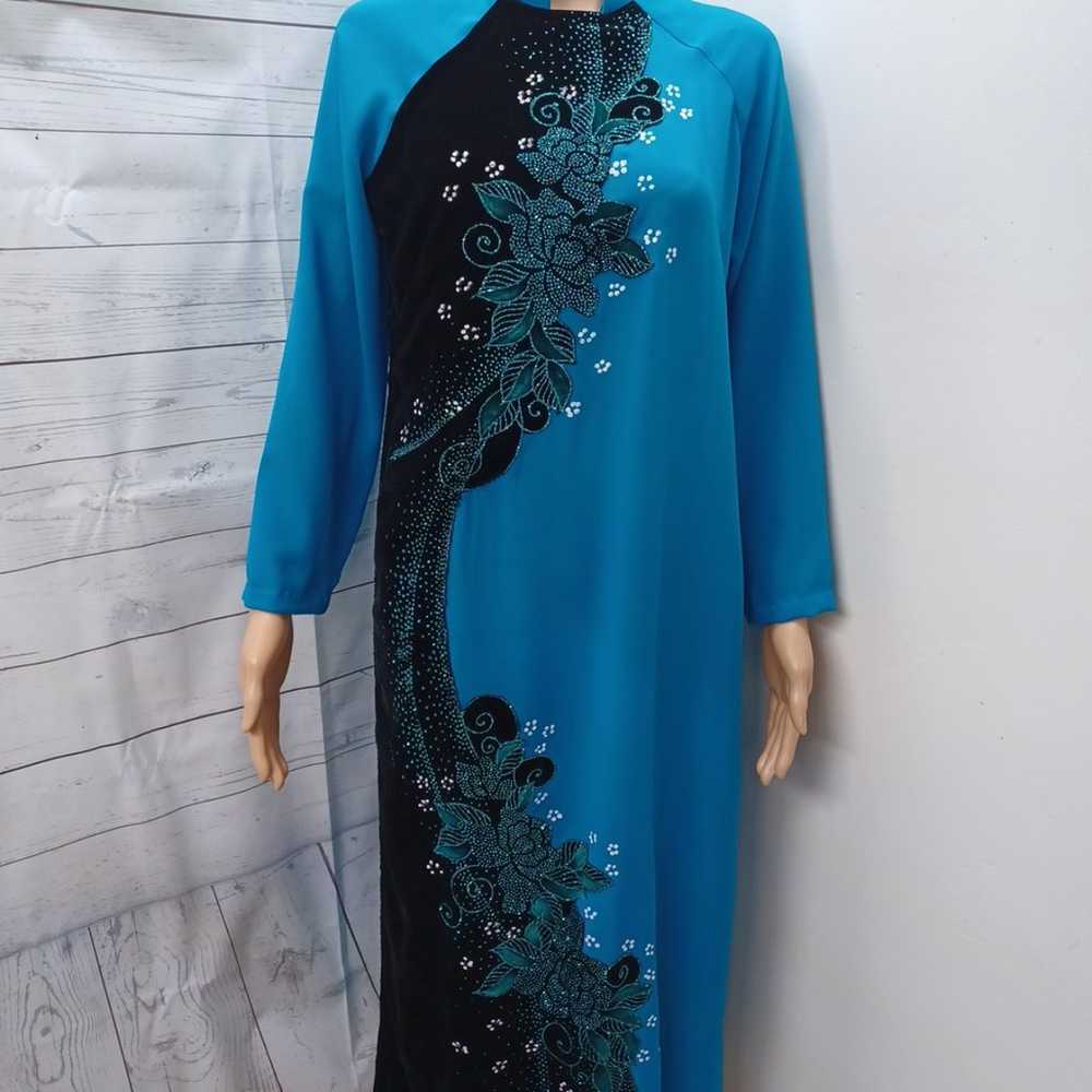 Vtg Velvet Chiffon Qipao Long Dress Chinese Vietn… - image 1