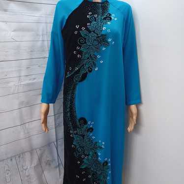 Vtg Velvet Chiffon Qipao Long Dress Chinese Vietn… - image 1