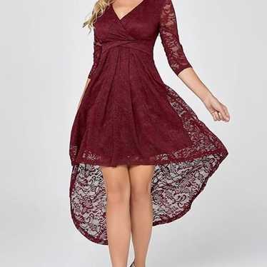 Burgundy High Low Lace Party Dress with Sleeves - image 1