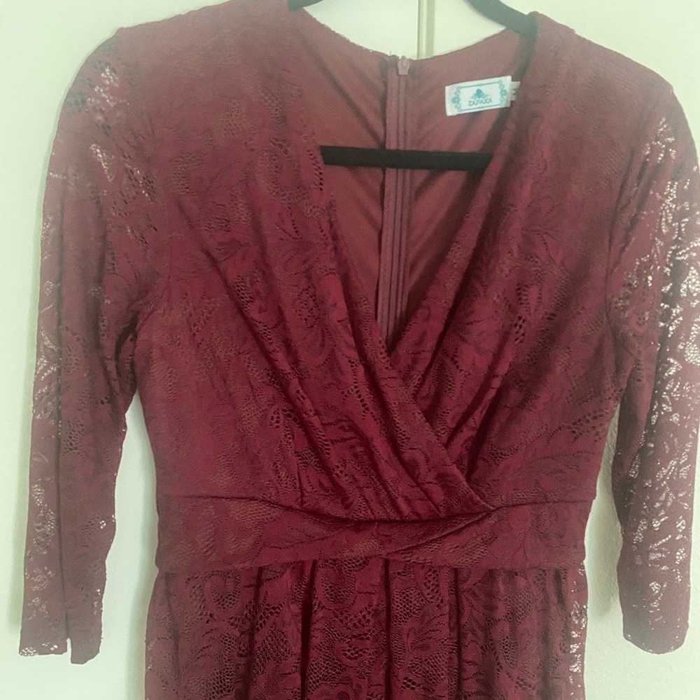 Burgundy High Low Lace Party Dress with Sleeves - image 2