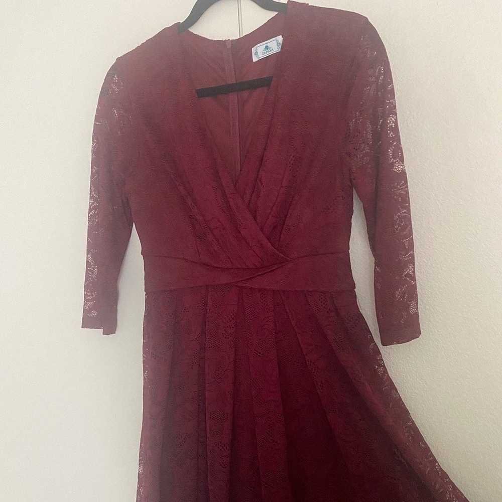 Burgundy High Low Lace Party Dress with Sleeves - image 3