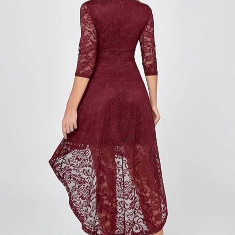 Burgundy High Low Lace Party Dress with Sleeves - image 4