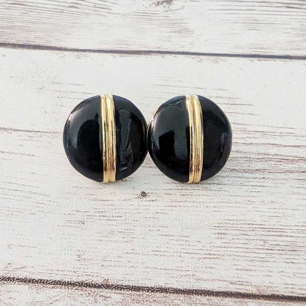 Vintage Stud Earrings Black with Gold Tone Stripe - image 1