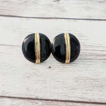 Vintage Stud Earrings Black with Gold Tone Stripe - image 1