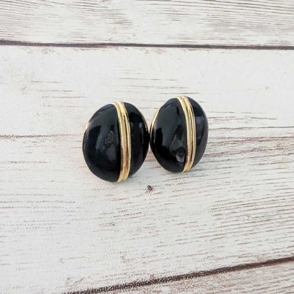 Vintage Stud Earrings Black with Gold Tone Stripe - image 2