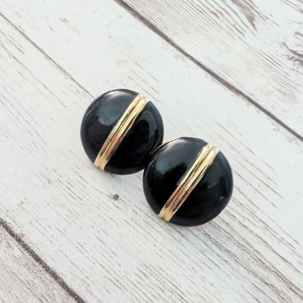 Vintage Stud Earrings Black with Gold Tone Stripe - image 3