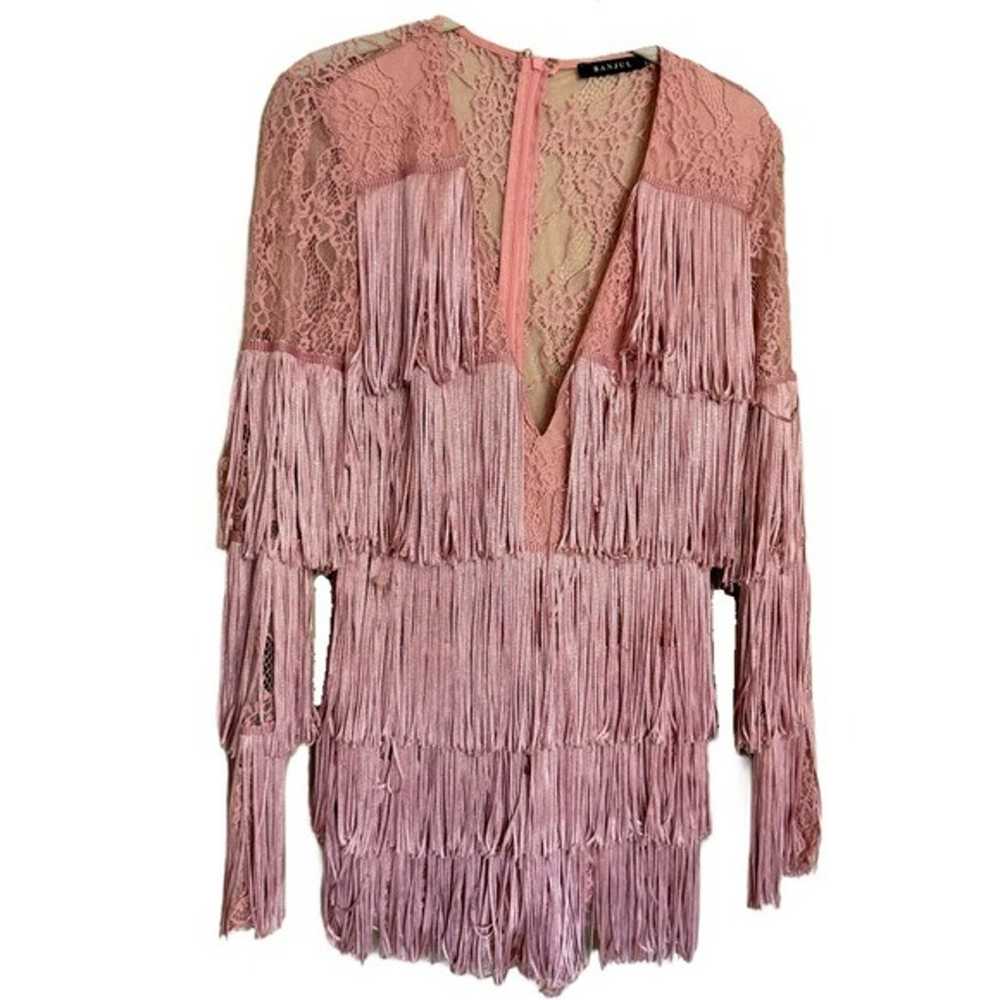 Banjul Pink Fringe Romper w/long Sheer Lace Sleev… - image 1