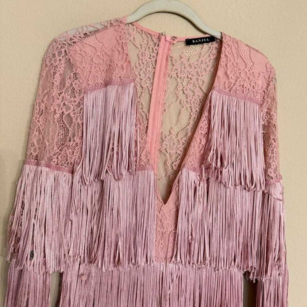 Banjul Pink Fringe Romper w/long Sheer Lace Sleev… - image 3